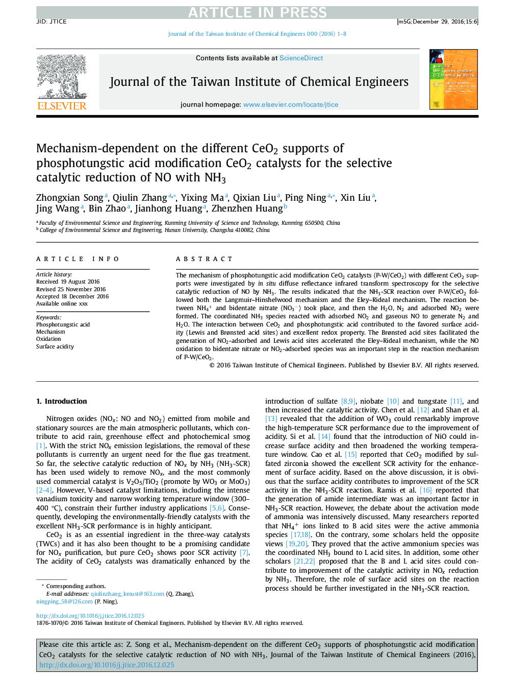 Mechanism-dependent on the different CeO2 supports of phosphotungstic acid modification CeO2 catalysts for the selective catalytic reduction of NO with NH3