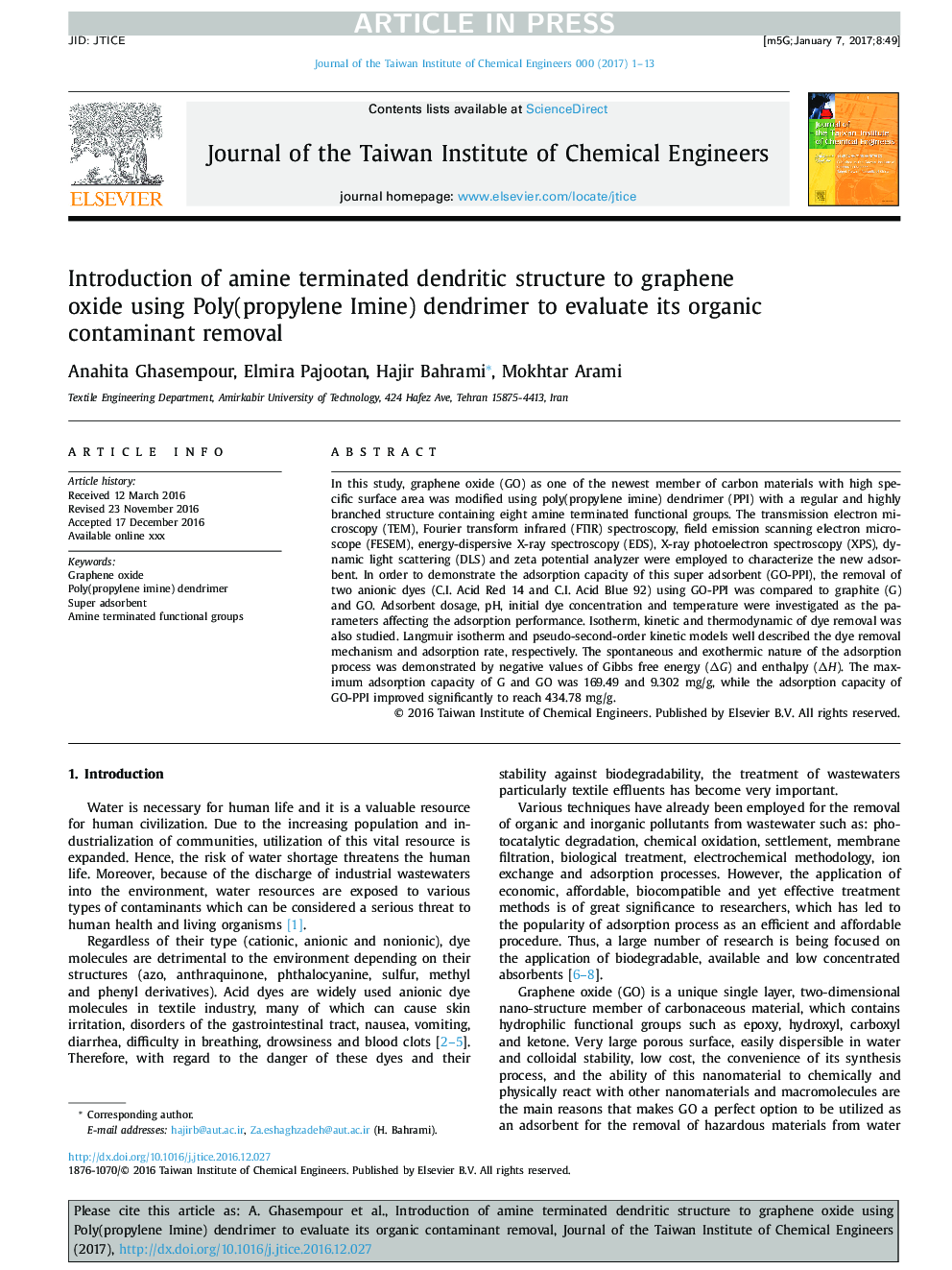 Introduction of amine terminated dendritic structure to graphene oxide using Poly(propylene Imine) dendrimer to evaluate its organic contaminant removal