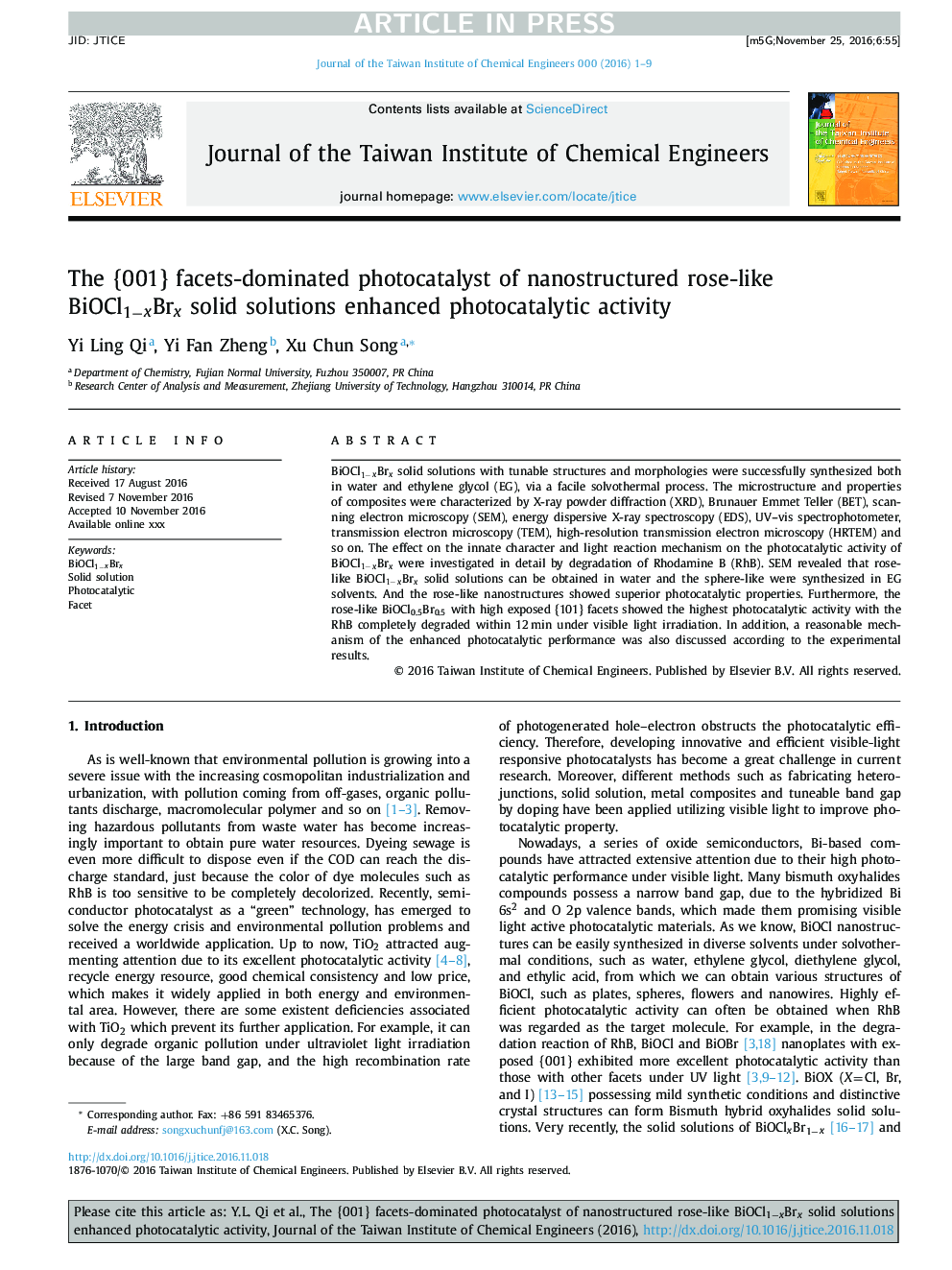 The {001} facets-dominated photocatalyst of nanostructured rose-like BiOCl1âxBrx solid solutions enhanced photocatalytic activity