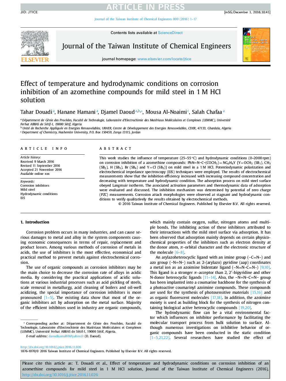 Effect of temperature and hydrodynamic conditions on corrosion inhibition of an azomethine compounds for mild steel in 1Â M HCl solution