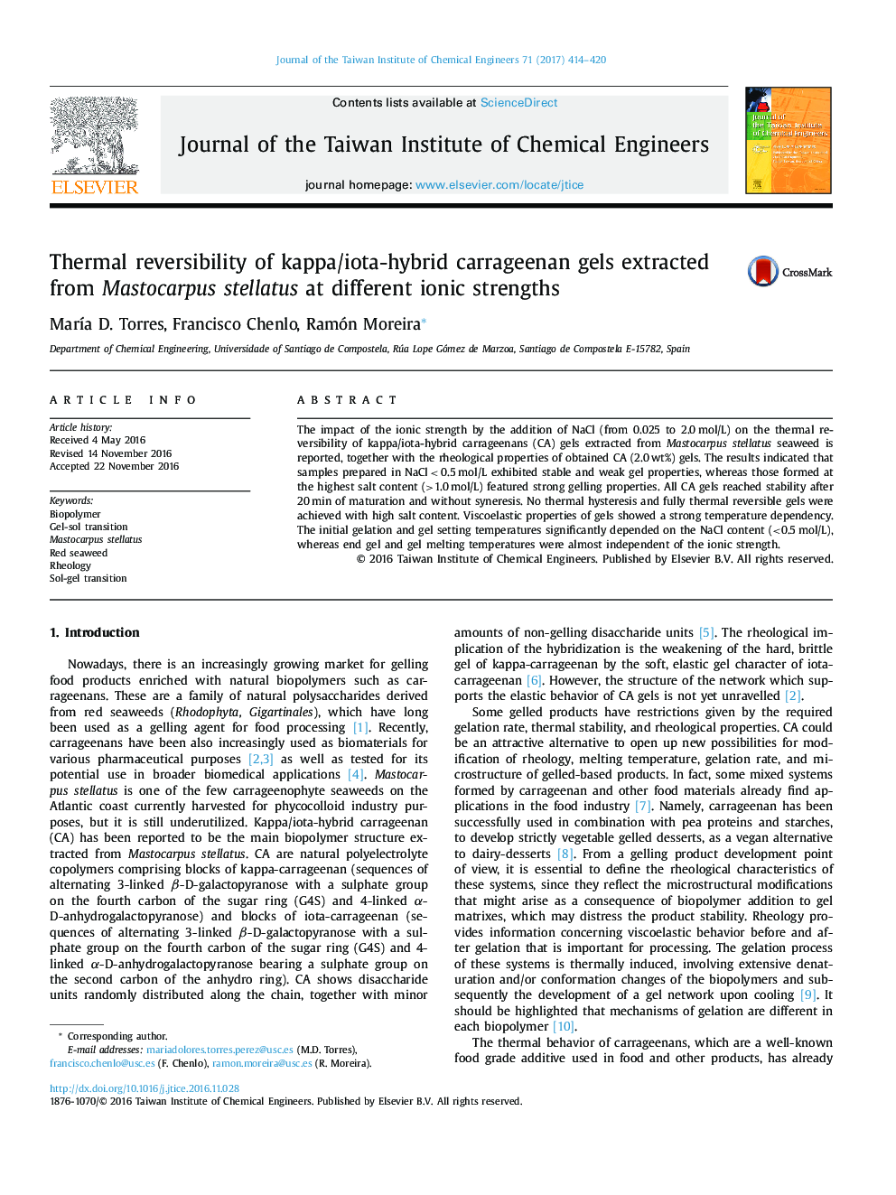 Thermal reversibility of kappa/iota-hybrid carrageenan gels extracted from Mastocarpus stellatus at different ionic strengths