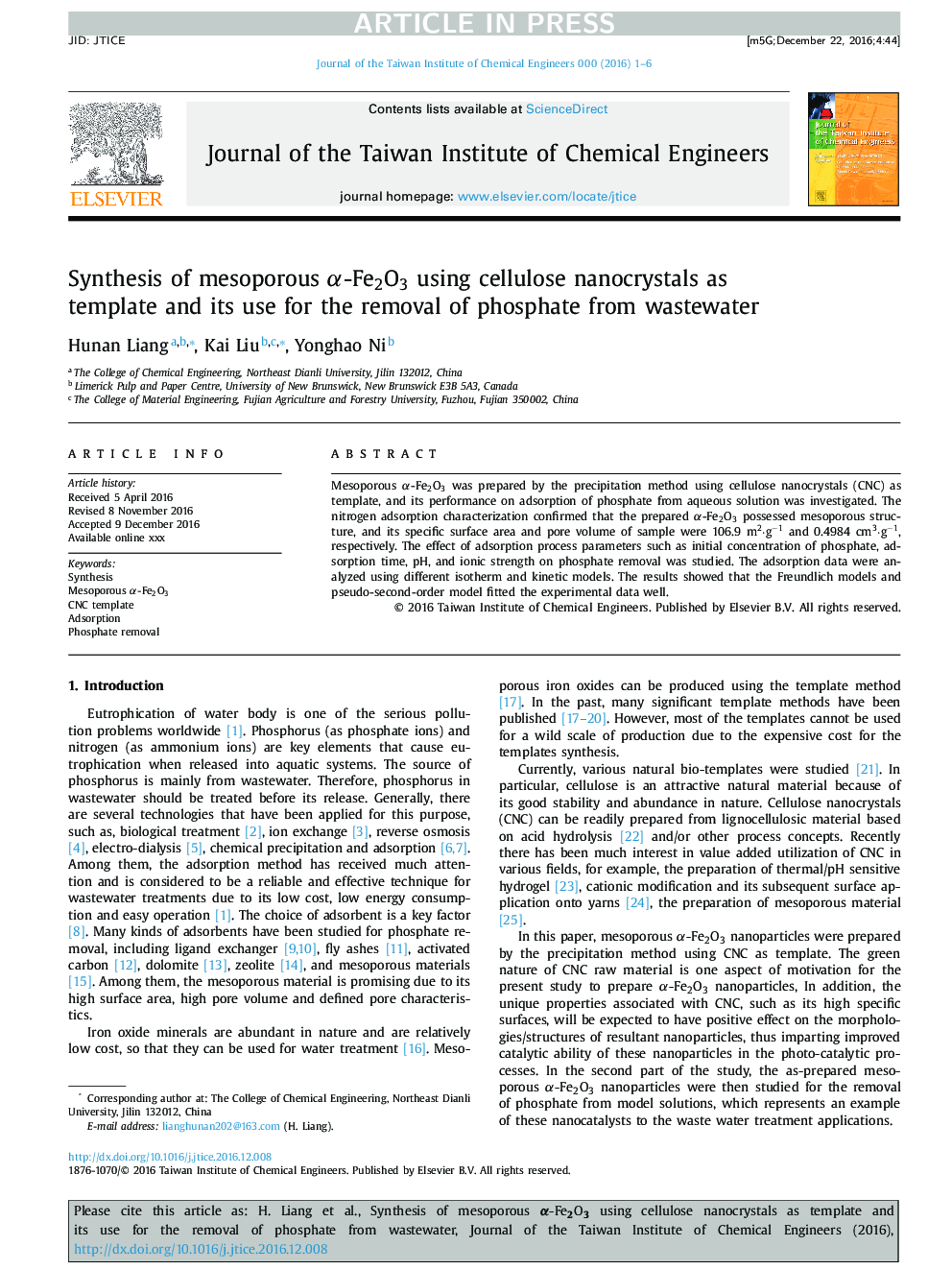 Synthesis of mesoporous Î±-Fe2O3 using cellulose nanocrystals as template and its use for the removal of phosphate from wastewater