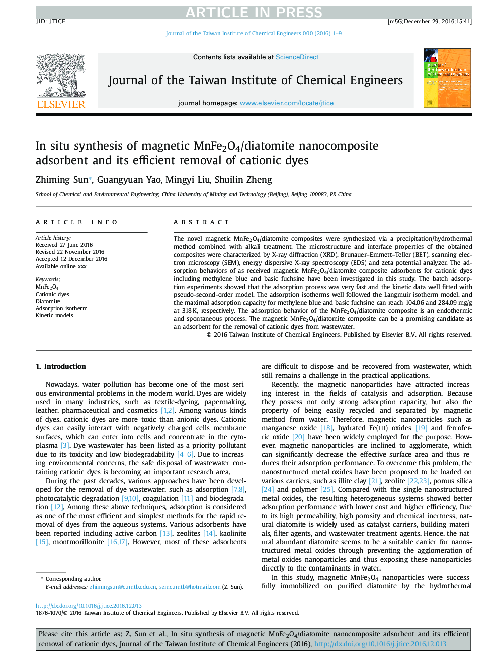 In situ synthesis of magnetic MnFe2O4/diatomite nanocomposite adsorbent and its efficient removal of cationic dyes