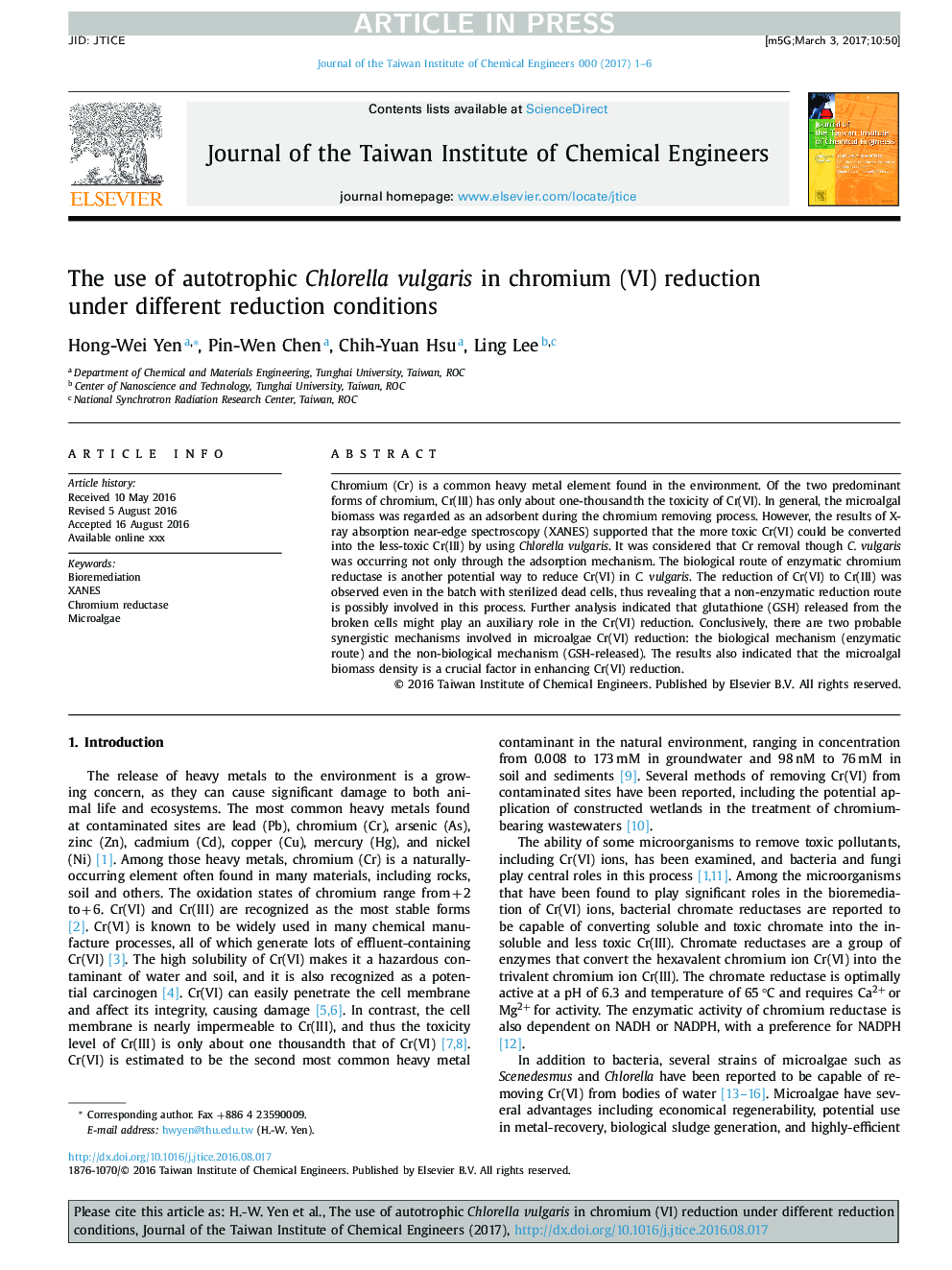 The use of autotrophic Chlorella vulgaris in chromium (VI) reduction under different reduction conditions