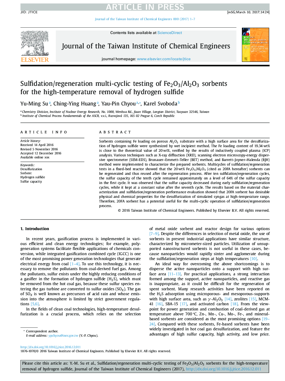 Sulfidation/regeneration multi-cyclic testing of Fe2O3/Al2O3 sorbents for the high-temperature removal of hydrogen sulfide