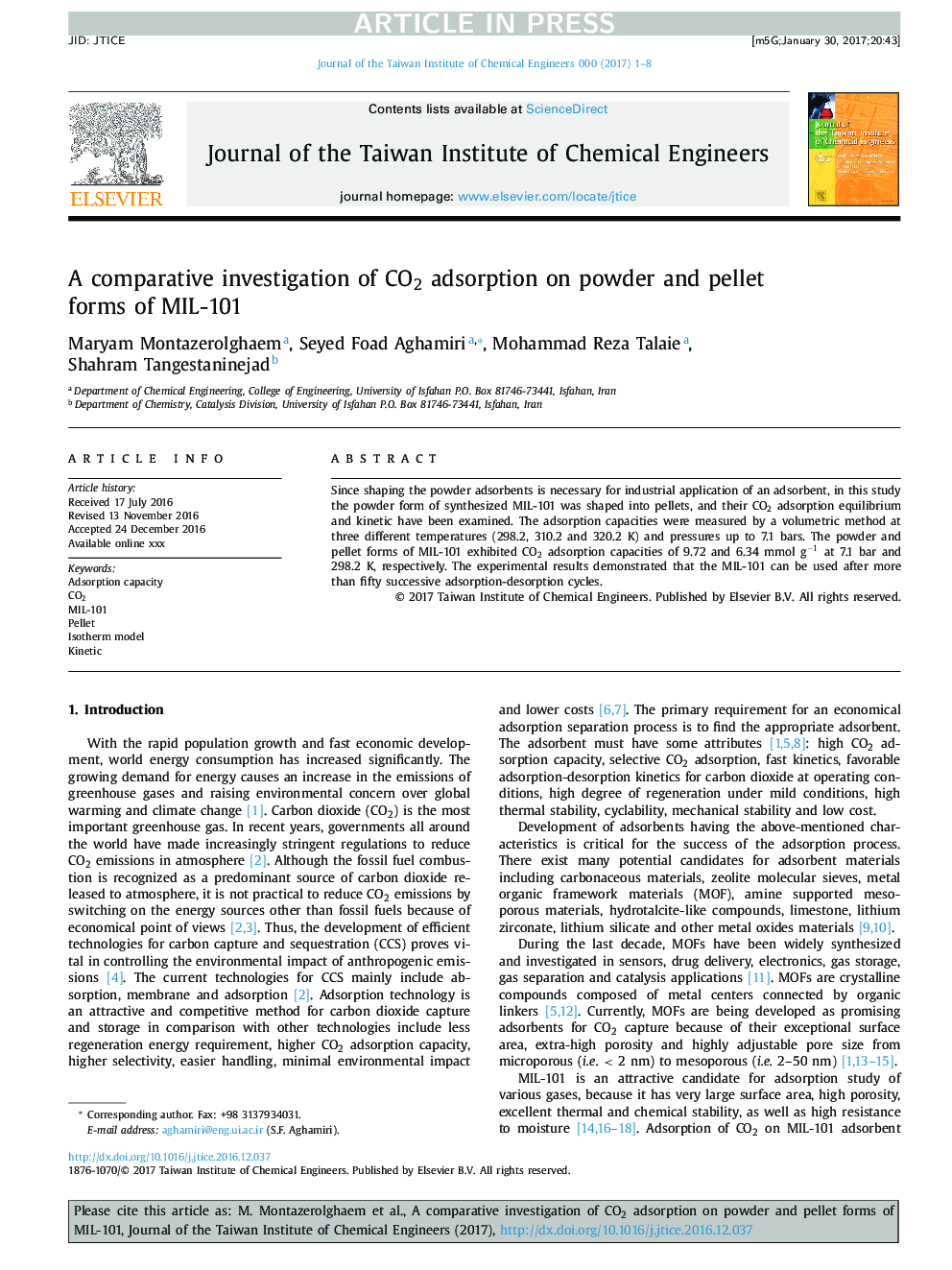 A comparative investigation of CO2 adsorption on powder and pellet forms of MIL-101
