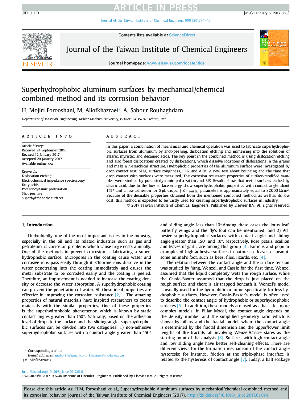 عکس صفحه اول مقاله: Superhydrophobic aluminum surfaces by mechanical/chemical combined method and its corrosion behavior Superhydrophobic aluminum surfaces by mechanical/chemical combined method and its corrosion behavior