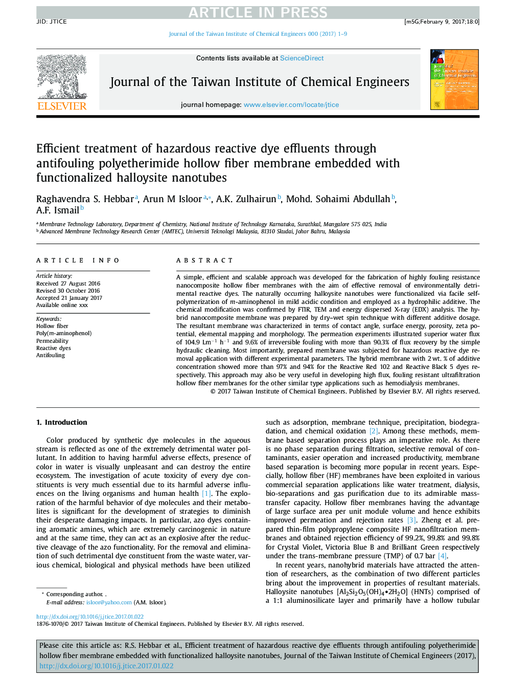 Efficient treatment of hazardous reactive dye effluents through antifouling polyetherimide hollow fiber membrane embedded with functionalized halloysite nanotubes