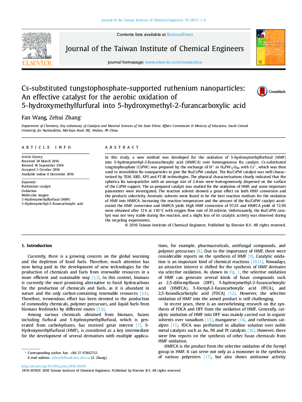 Cs-substituted tungstophosphate-supported ruthenium nanoparticles: An effective catalyst for the aerobic oxidation of 5-hydroxymethylfurfural into 5-hydroxymethyl-2-furancarboxylic acid