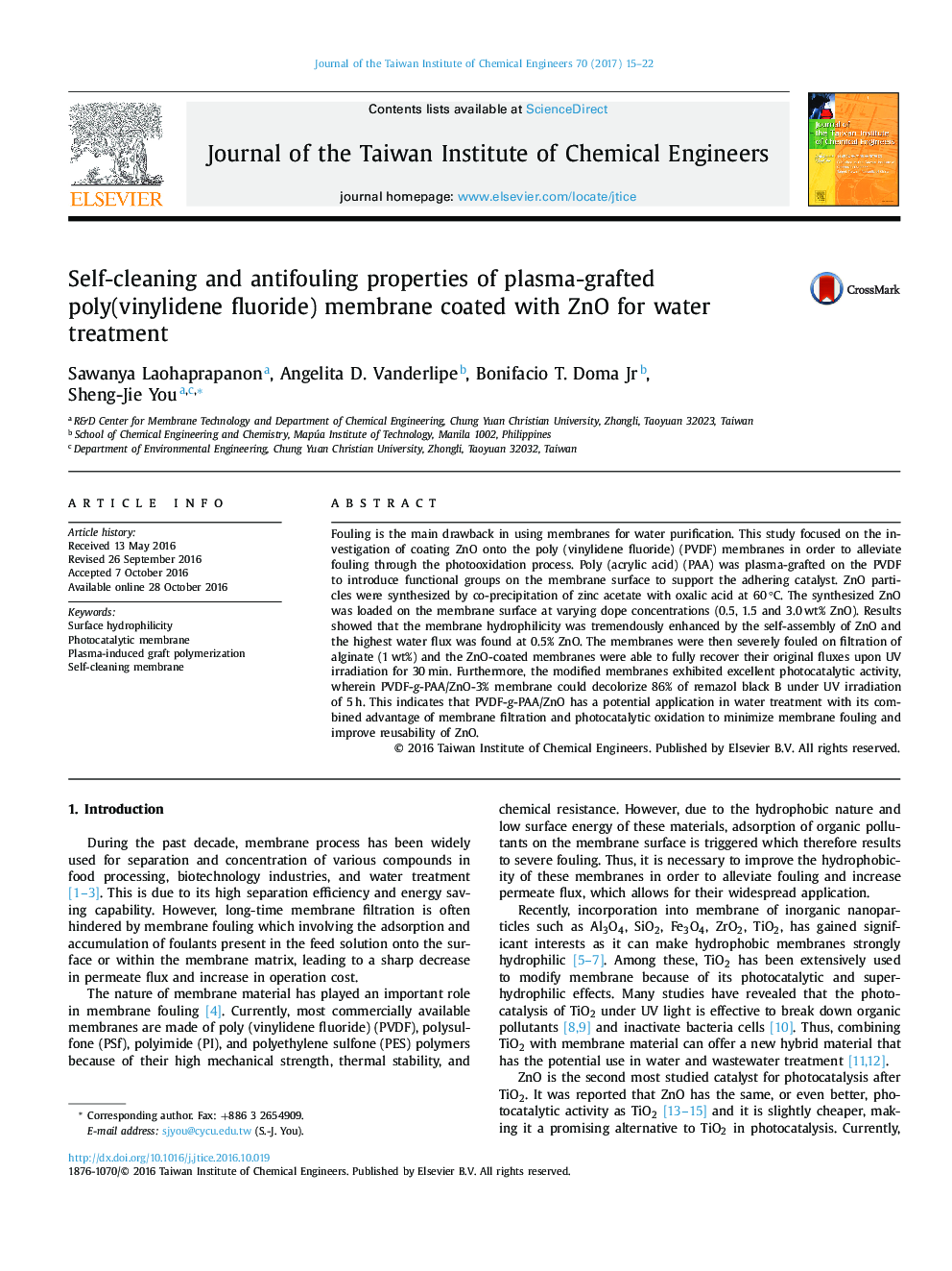 Self-cleaning and antifouling properties of plasma-grafted poly(vinylidene fluoride) membrane coated with ZnO for water treatment