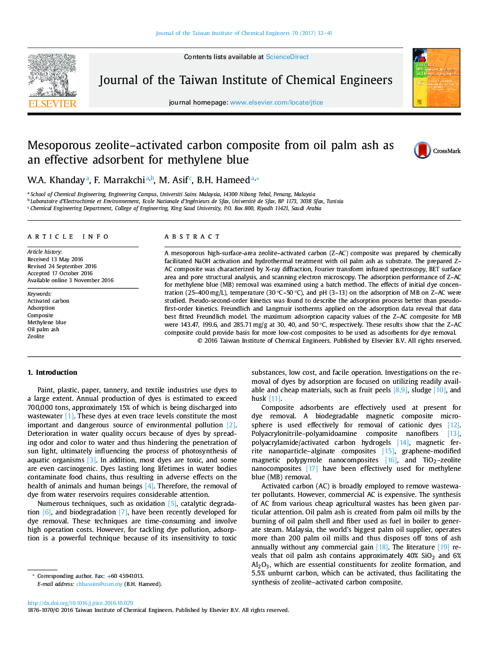 Mesoporous zeolite-activated carbon composite from oil palm ash as an effective adsorbent for methylene blue