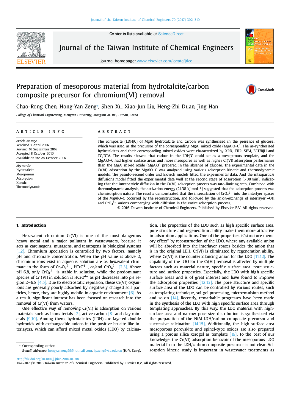 Preparation of mesoporous material from hydrotalcite/carbon composite precursor for chromium(VI) removal