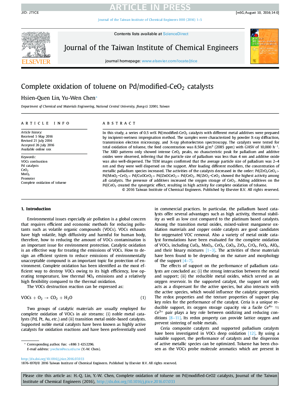 Complete oxidation of toluene on Pd/modified-CeO2 catalysts