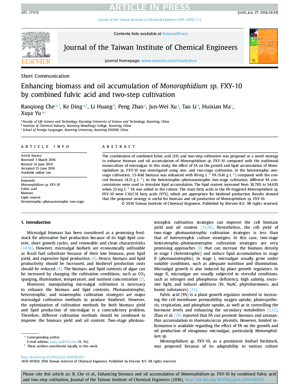 Enhancing biomass and oil accumulation of Monoraphidium sp. FXY-10 by combined fulvic acid and two-step cultivation