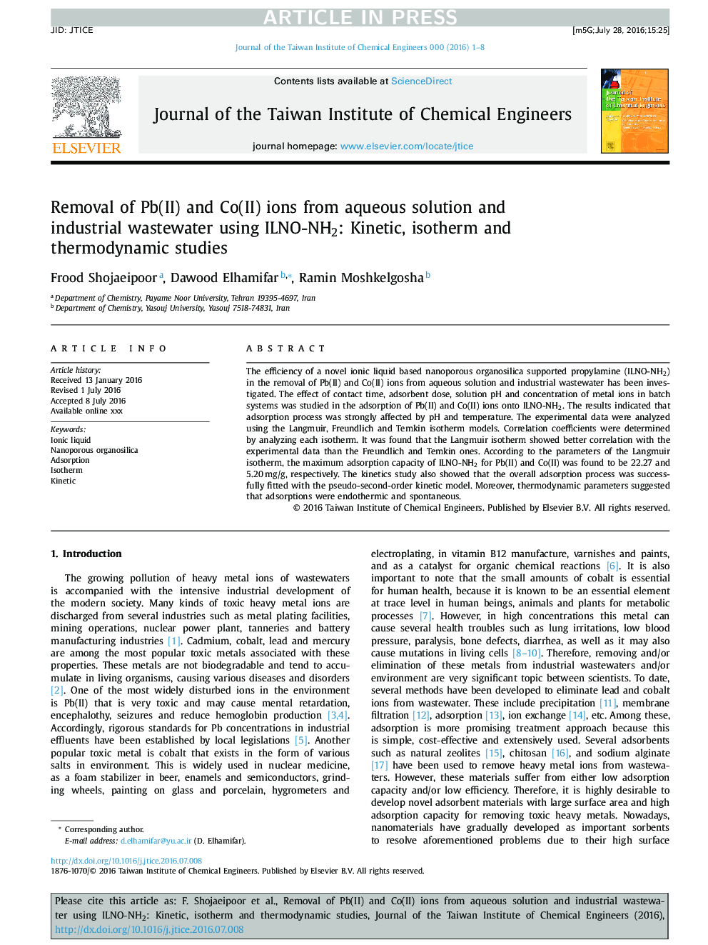 Removal of Pb(II) and Co(II) ions from aqueous solution and industrial wastewater using ILNO-NH2: Kinetic, isotherm and thermodynamic studies