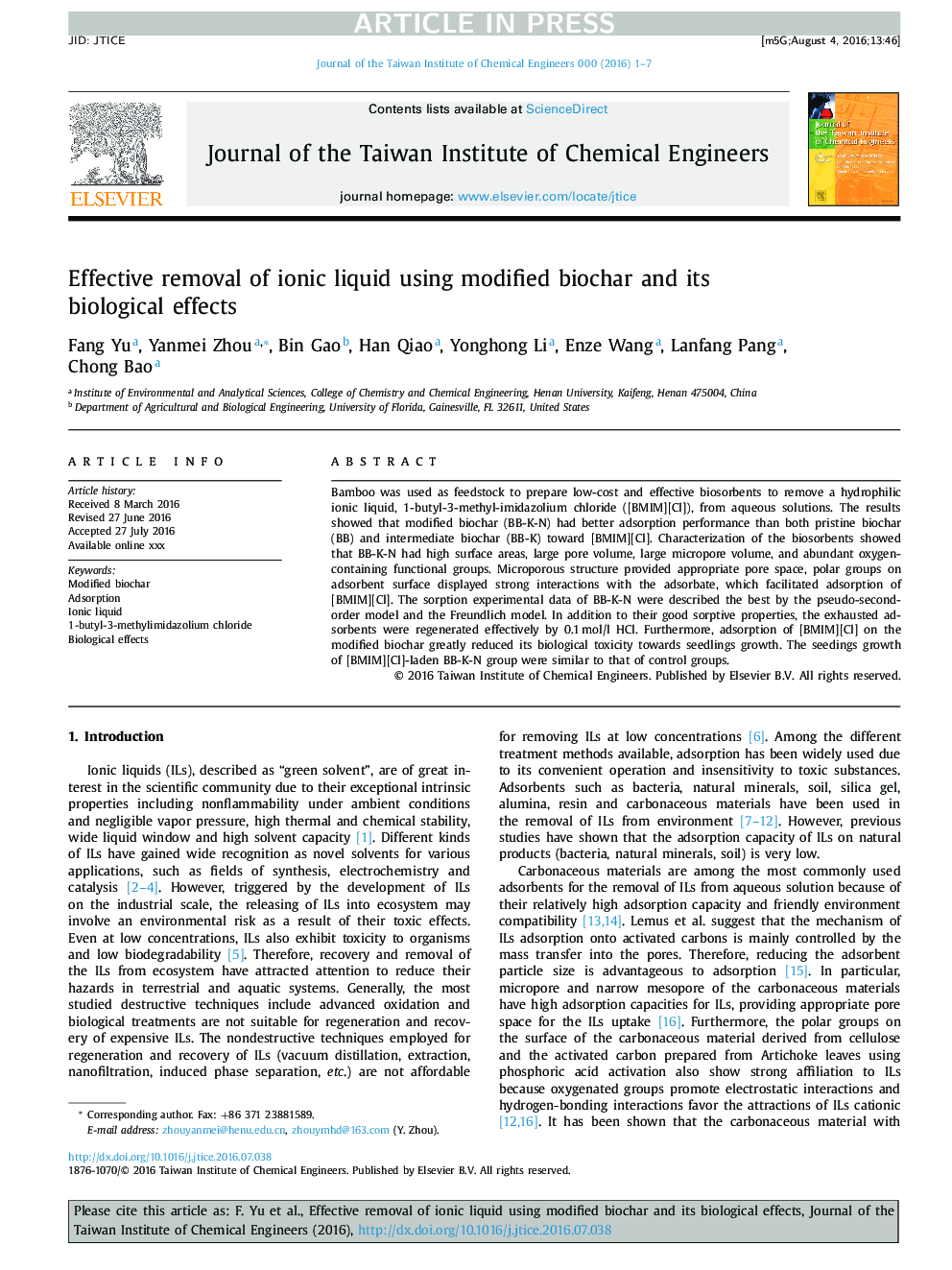 Effective removal of ionic liquid using modified biochar and its biological effects