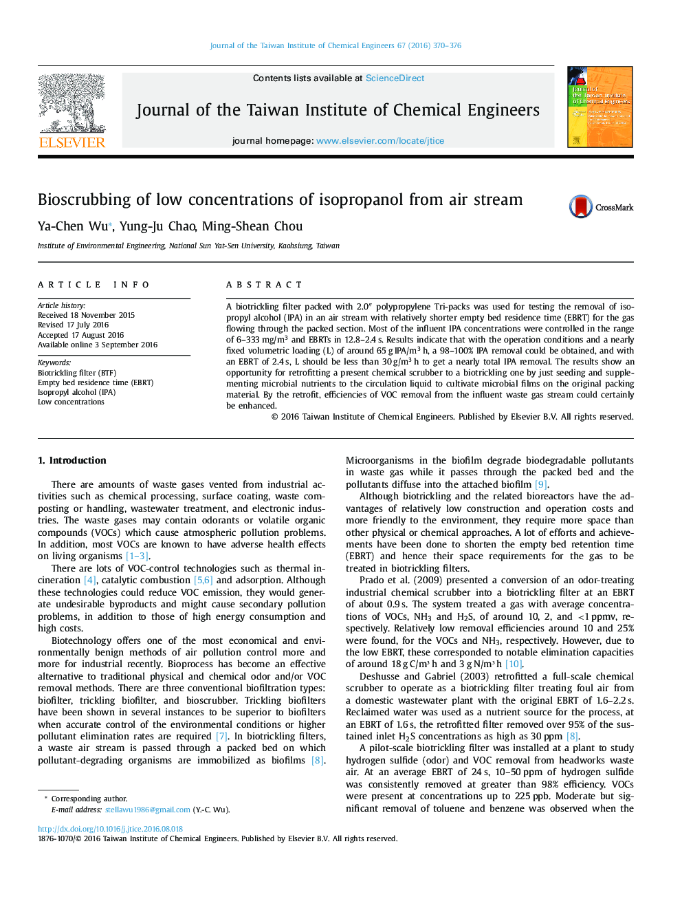 Bioscrubbing of low concentrations of isopropanol from air stream