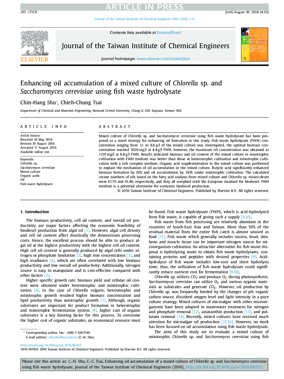 Enhancing oil accumulation of a mixed culture of Chlorella sp. and Saccharomyces cerevisiae using fish waste hydrolysate