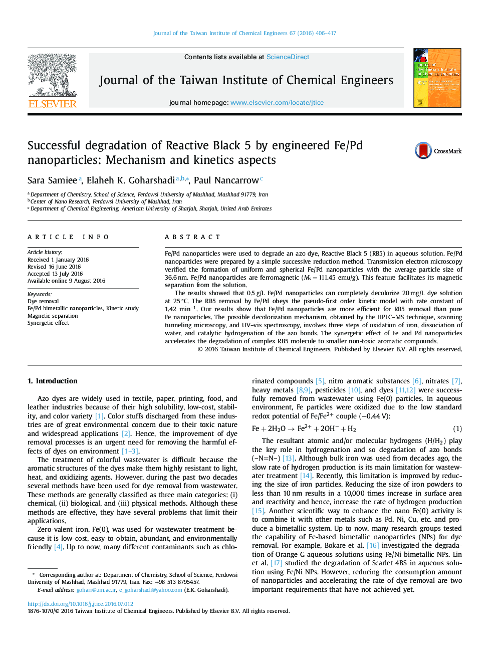 Successful degradation of Reactive Black 5 by engineered Fe/Pd nanoparticles: Mechanism and kinetics aspects