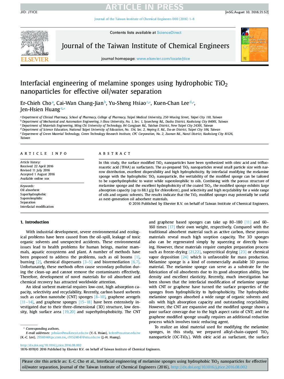 Interfacial engineering of melamine sponges using hydrophobic TiO2 nanoparticles for effective oil/water separation
