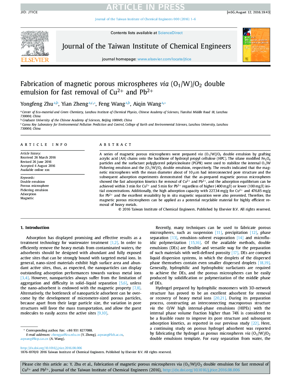 Fabrication of magnetic porous microspheres via (O1/W)/O2 double emulsion for fast removal of Cu2+ and Pb2+