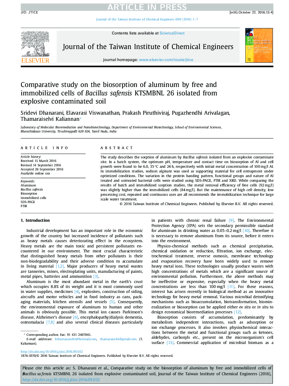 Comparative study on the biosorption of aluminum by free and immobilized cells of Bacillus safensis KTSMBNL 26 isolated from explosive contaminated soil