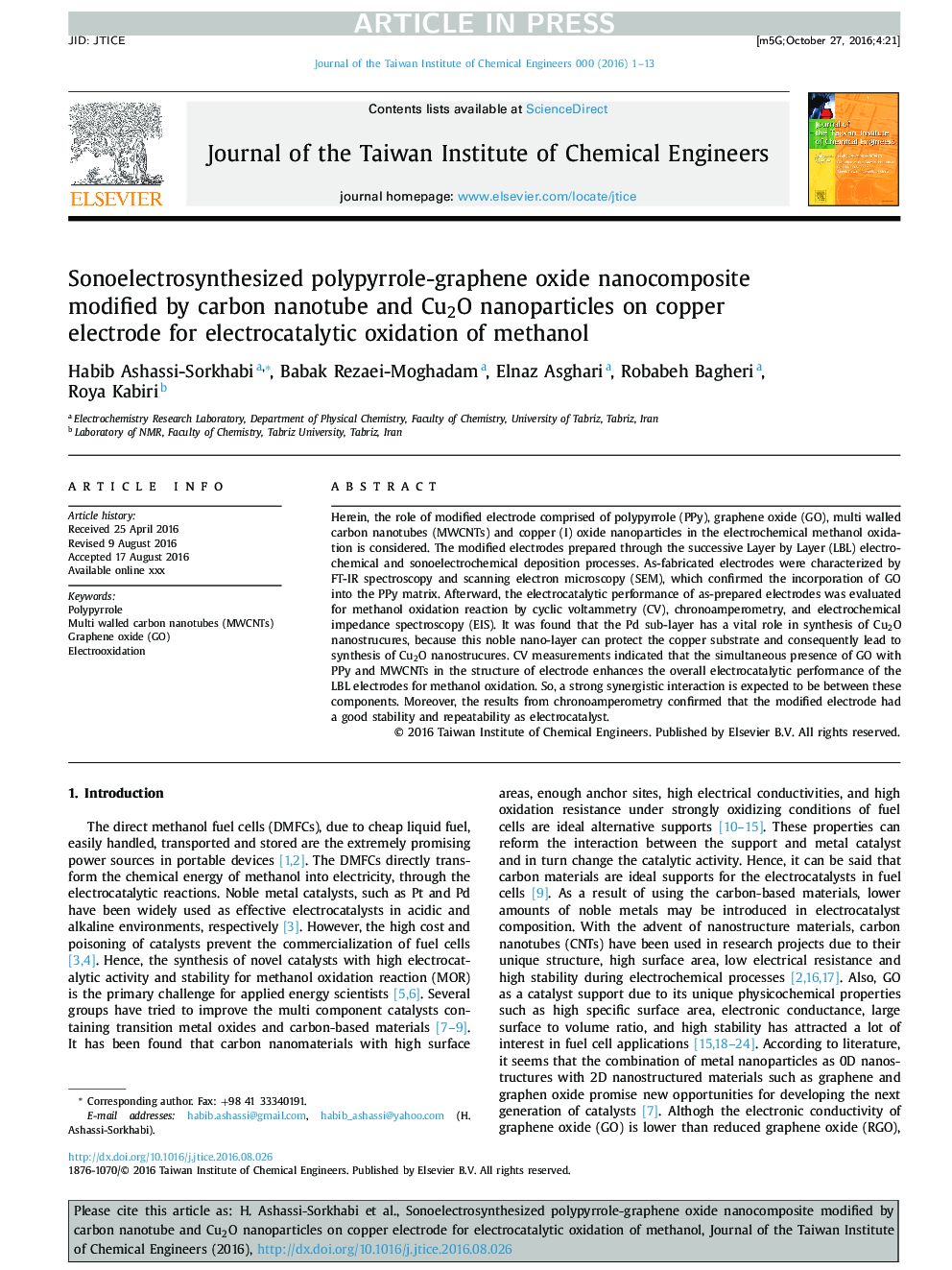 Sonoelectrosynthesized polypyrrole-graphene oxide nanocomposite modified by carbon nanotube and Cu2O nanoparticles on copper electrode for electrocatalytic oxidation of methanol
