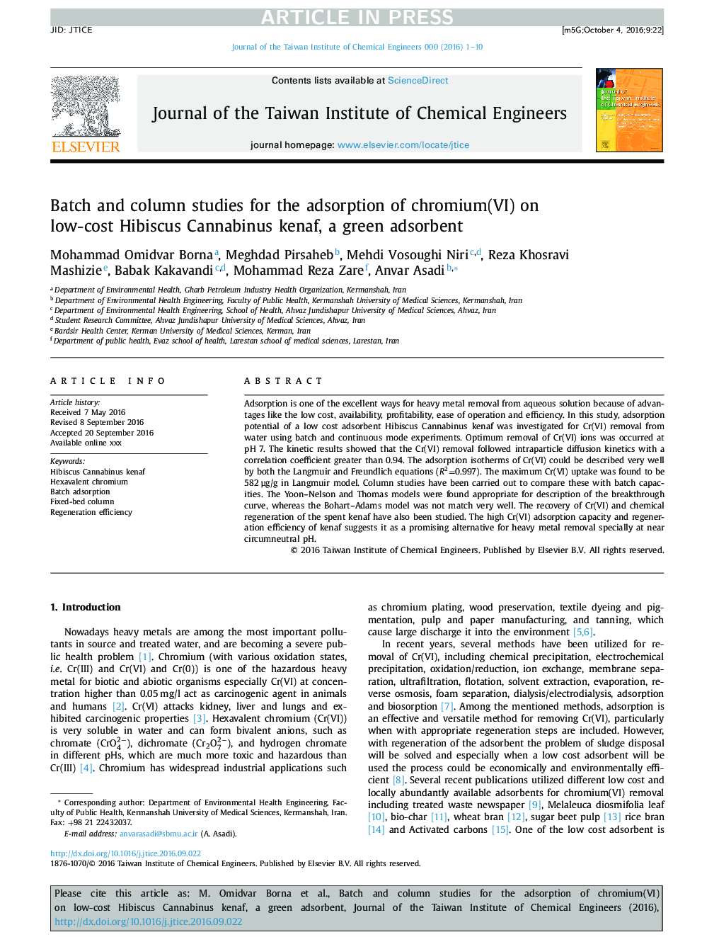 Batch and column studies for the adsorption of chromium(VI) on low-cost Hibiscus Cannabinus kenaf, a green adsorbent