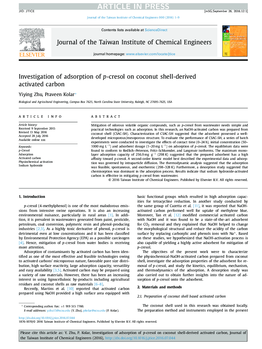 Investigation of adsorption of p-cresol on coconut shell-derived activated carbon