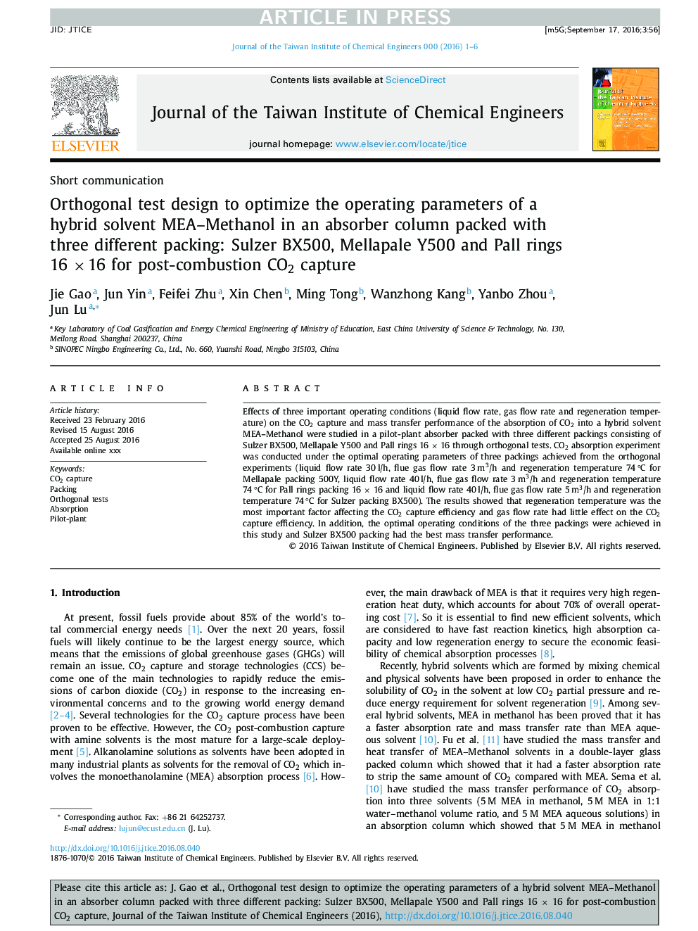 Orthogonal test design to optimize the operating parameters of a hybrid solvent MEA-Methanol in an absorber column packed with three different packing: Sulzer BX500, Mellapale Y500 and Pall rings 16Â Ãâ16 for post-combustion CO2 capture
