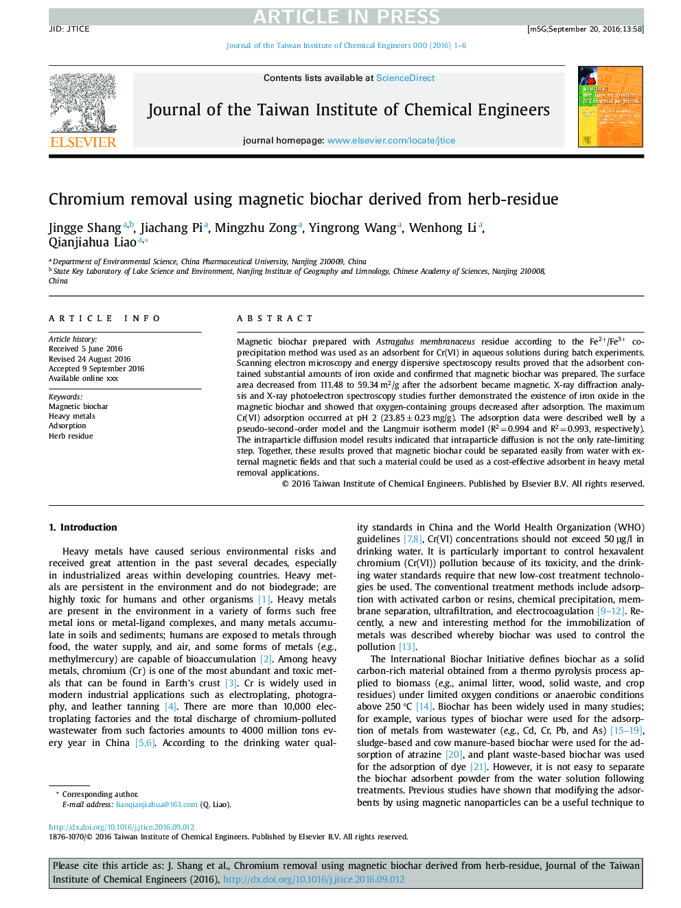 Chromium removal using magnetic biochar derived from herb-residue