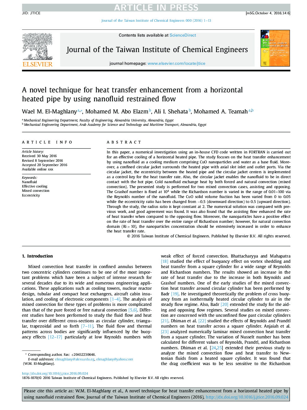 A novel technique for heat transfer enhancement from a horizontal heated pipe by using nanofluid restrained flow