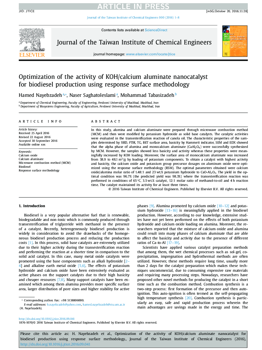 Optimization of the activity of KOH/calcium aluminate nanocatalyst for biodiesel production using response surface methodology