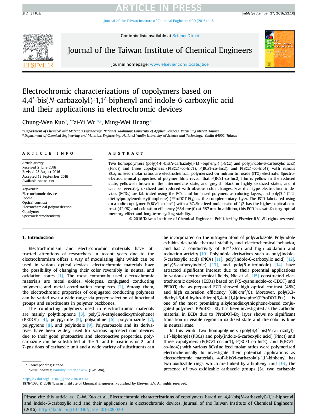 Electrochromic characterizations of copolymers based on 4,4â²-bis(N-carbazolyl)-1,1â²-biphenyl and indole-6-carboxylic acid and their applications in electrochromic devices