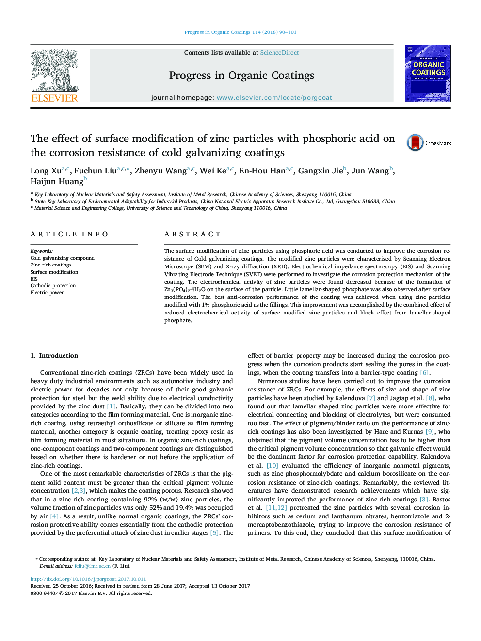 The effect of surface modification of zinc particles with phosphoric acid on the corrosion resistance of cold galvanizing coatings