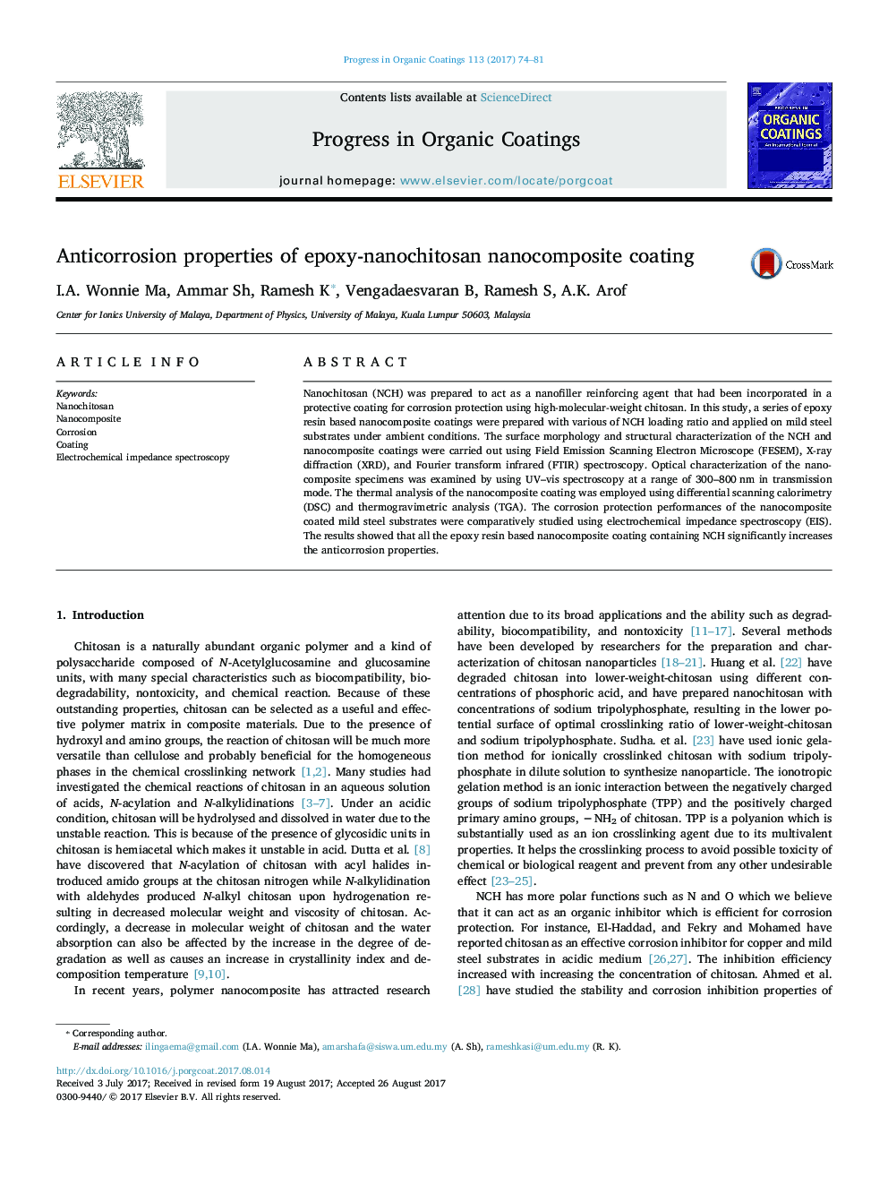 Anticorrosion properties of epoxy-nanochitosan nanocomposite coating