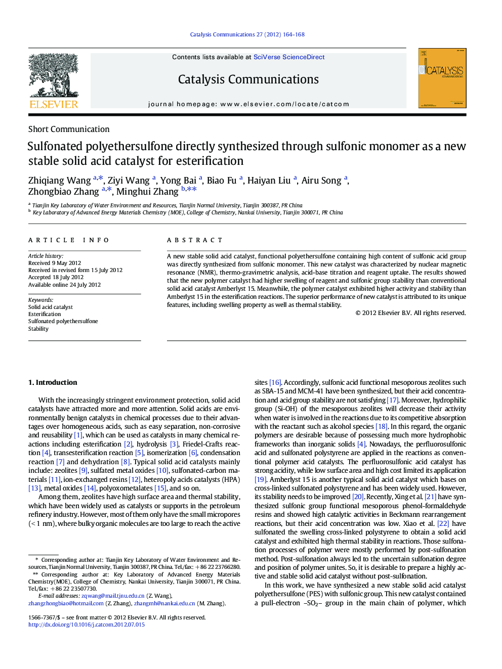 Sulfonated polyethersulfone directly synthesized through sulfonic monomer as a new stable solid acid catalyst for esterification