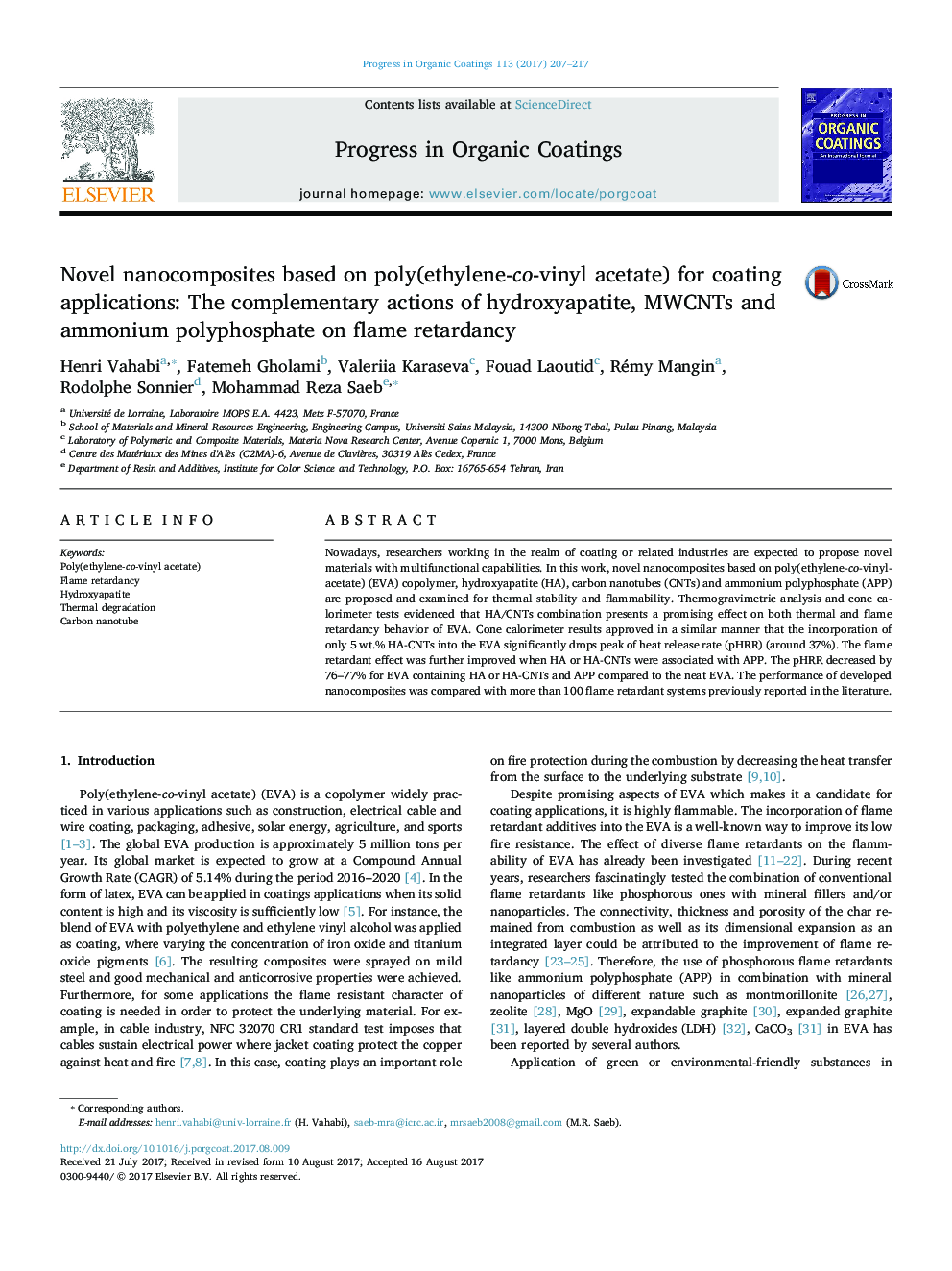 Novel nanocomposites based on poly(ethylene-co-vinyl acetate) for coating applications: The complementary actions of hydroxyapatite, MWCNTs and ammonium polyphosphate on flame retardancy