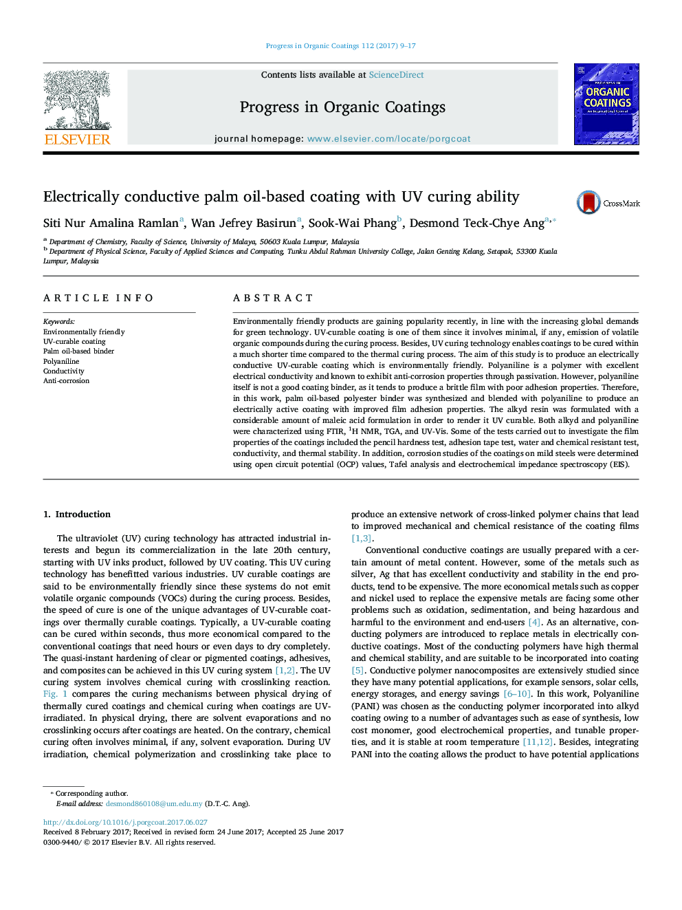 Electrically conductive palm oil-based coating with UV curing ability