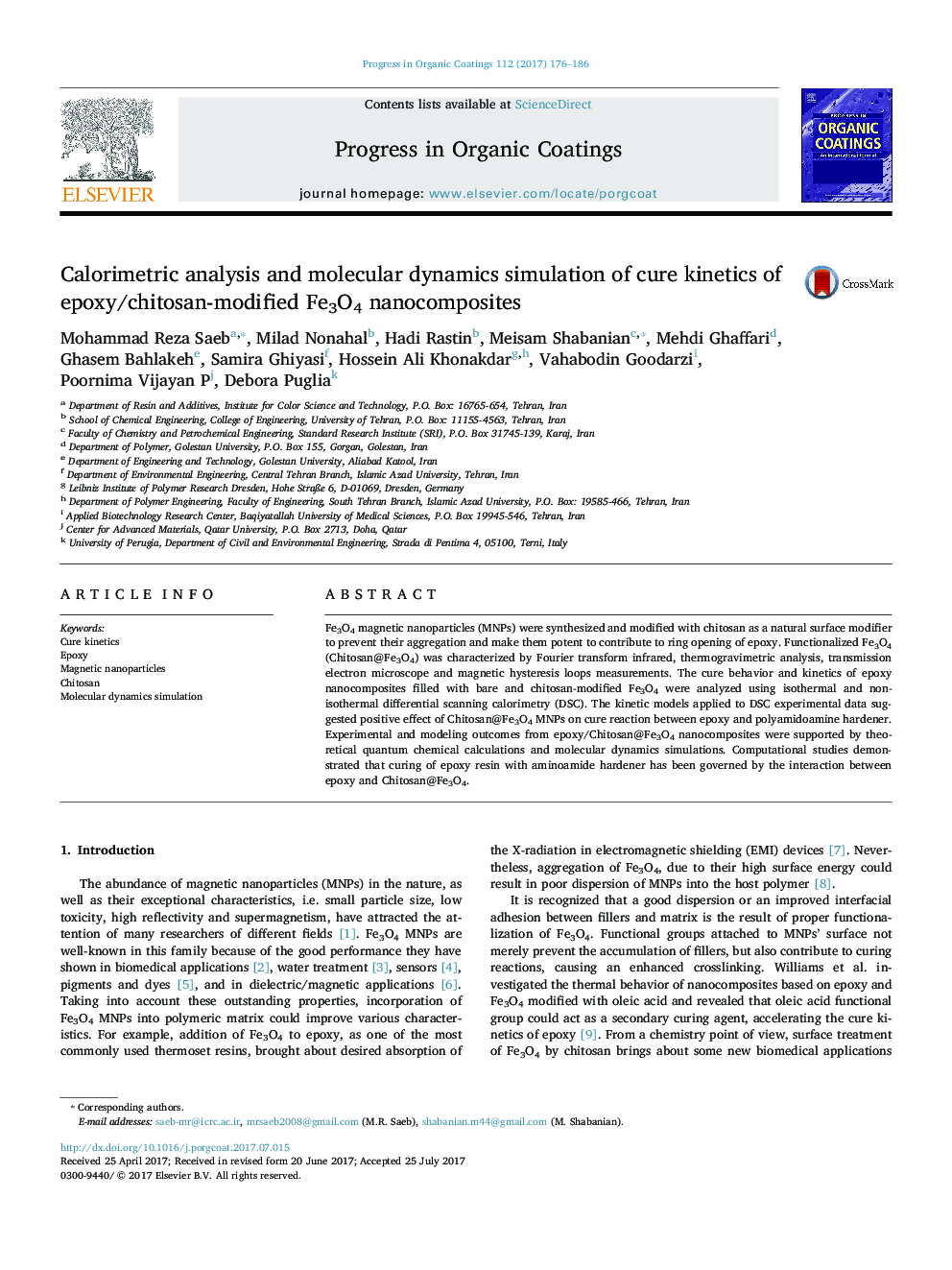 Calorimetric analysis and molecular dynamics simulation of cure kinetics of epoxy/chitosan-modified Fe3O4 nanocomposites