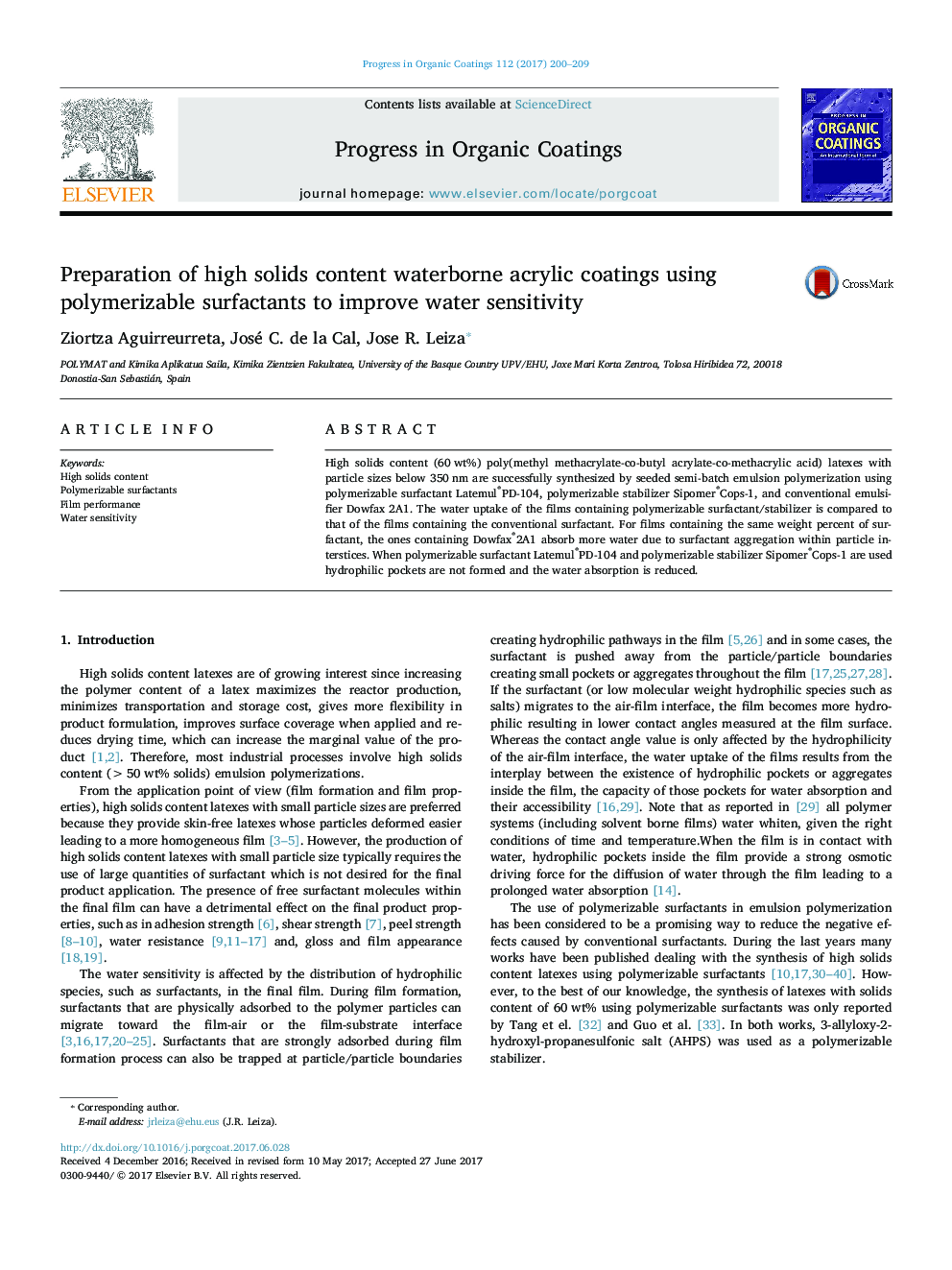 Preparation of high solids content waterborne acrylic coatings using polymerizable surfactants to improve water sensitivity