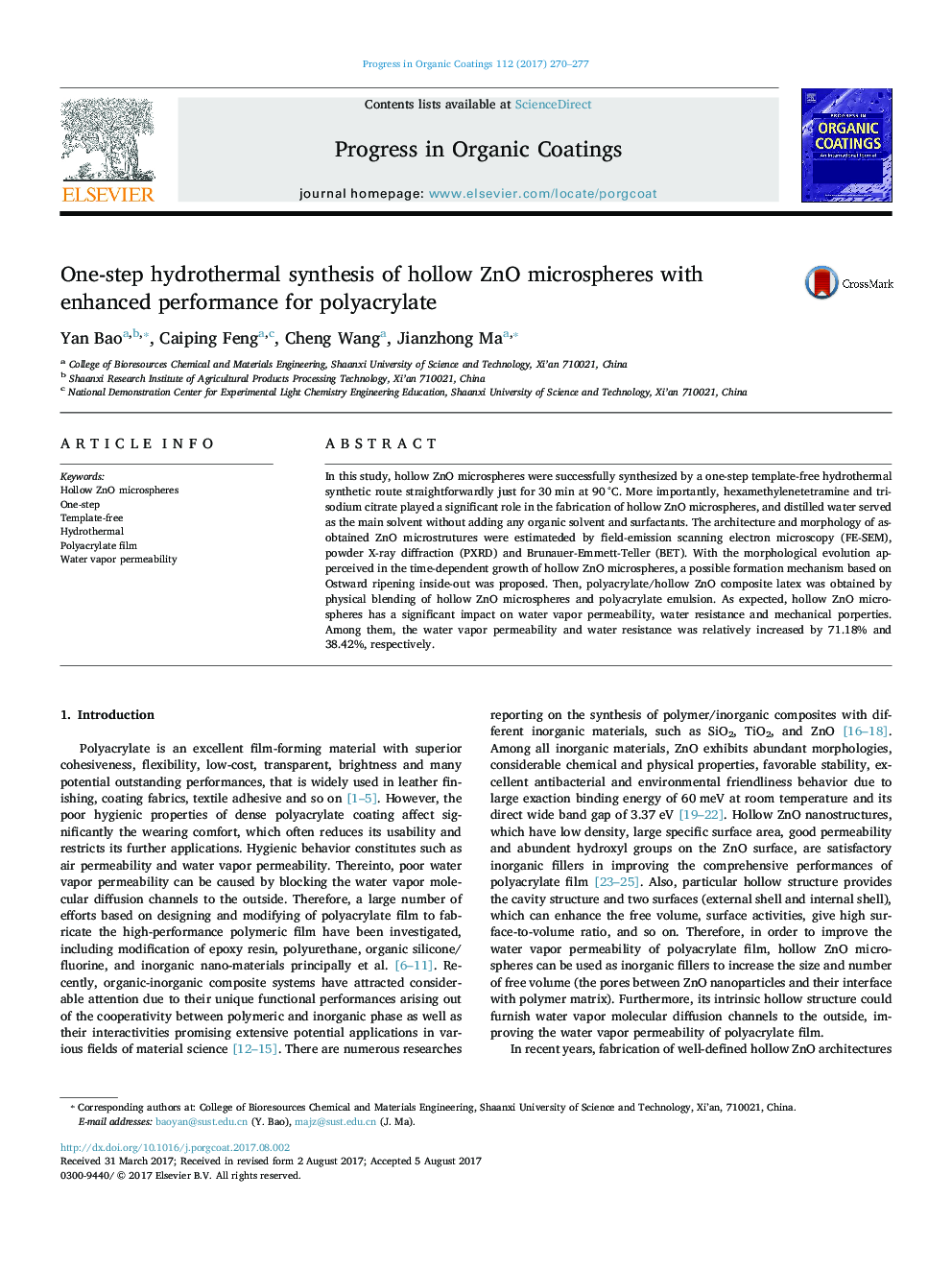 One-step hydrothermal synthesis of hollow ZnO microspheres with enhanced performance for polyacrylate