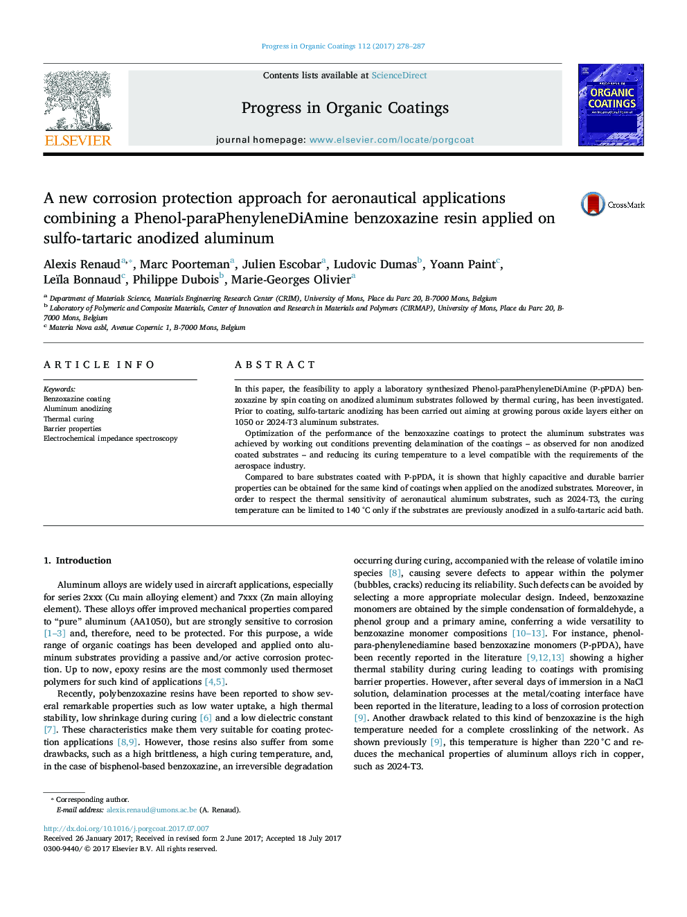 A new corrosion protection approach for aeronautical applications combining a Phenol-paraPhenyleneDiAmine benzoxazine resin applied on sulfo-tartaric anodized aluminum