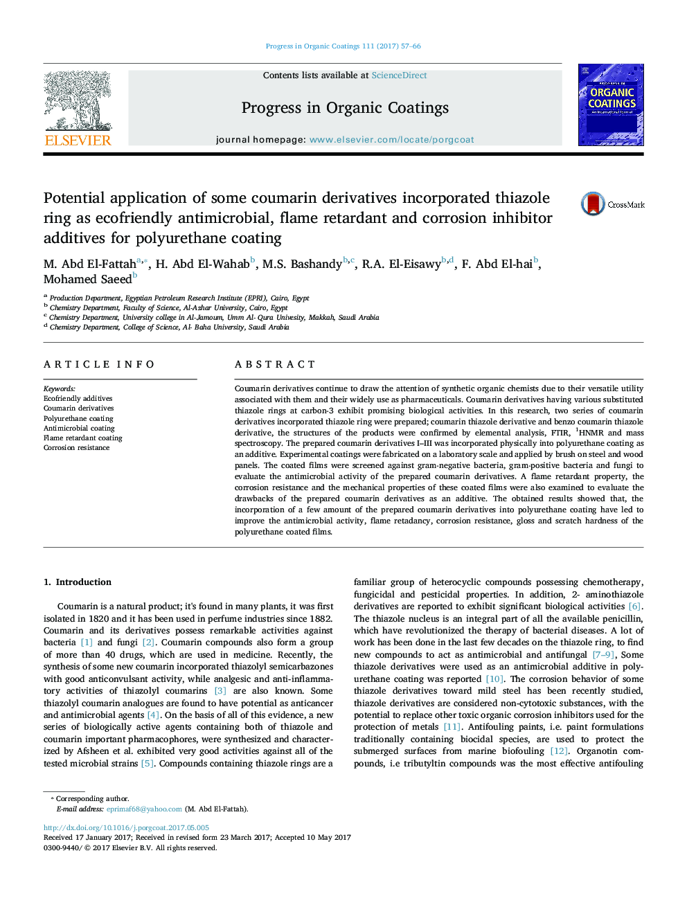 Potential application of some coumarin derivatives incorporated thiazole ring as ecofriendly antimicrobial, flame retardant and corrosion inhibitor additives for polyurethane coating