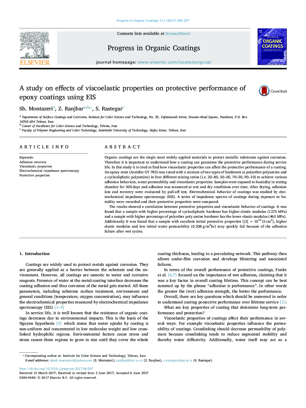 A study on effects of viscoelastic properties on protective performance of epoxy coatings using EIS