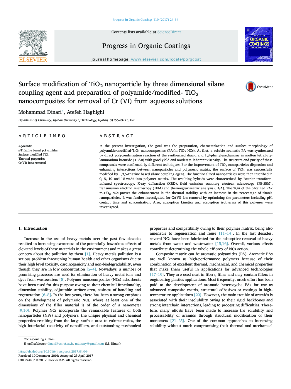 Surface modification of TiO2 nanoparticle by three dimensional silane coupling agent and preparation of polyamide/modified- TiO2 nanocomposites for removal of Cr (VI) from aqueous solutions