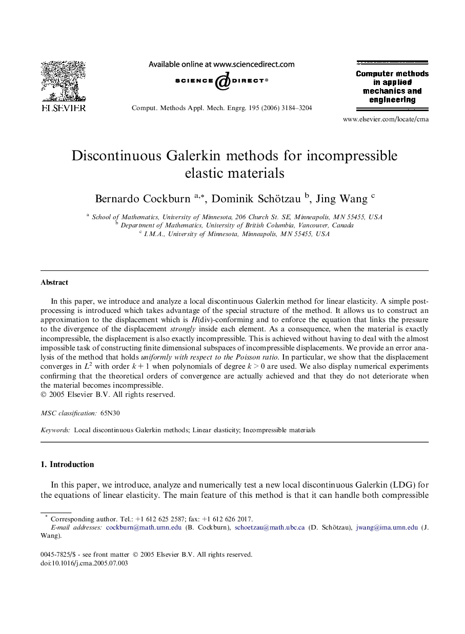 Discontinuous Galerkin methods for incompressible elastic materials