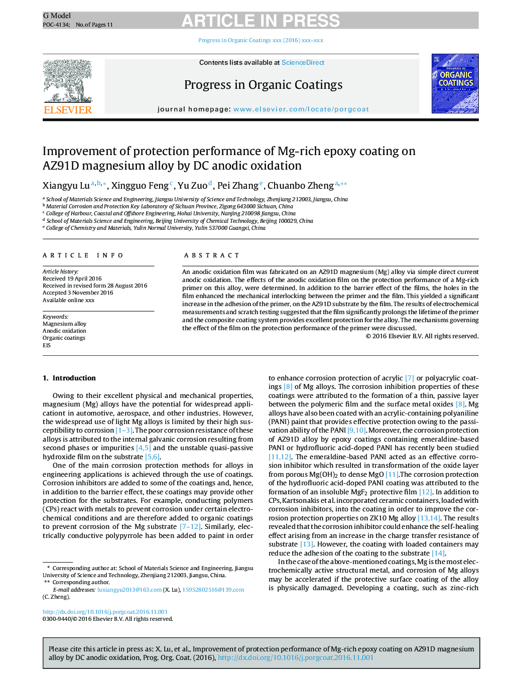 Improvement of protection performance of Mg-rich epoxy coating on AZ91D magnesium alloy by DC anodic oxidation