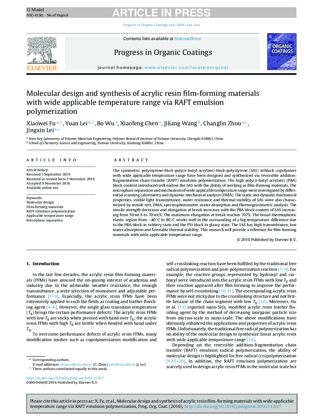 Molecular design and synthesis of acrylic resin film-forming materials with wide applicable temperature range via RAFT emulsion polymerization