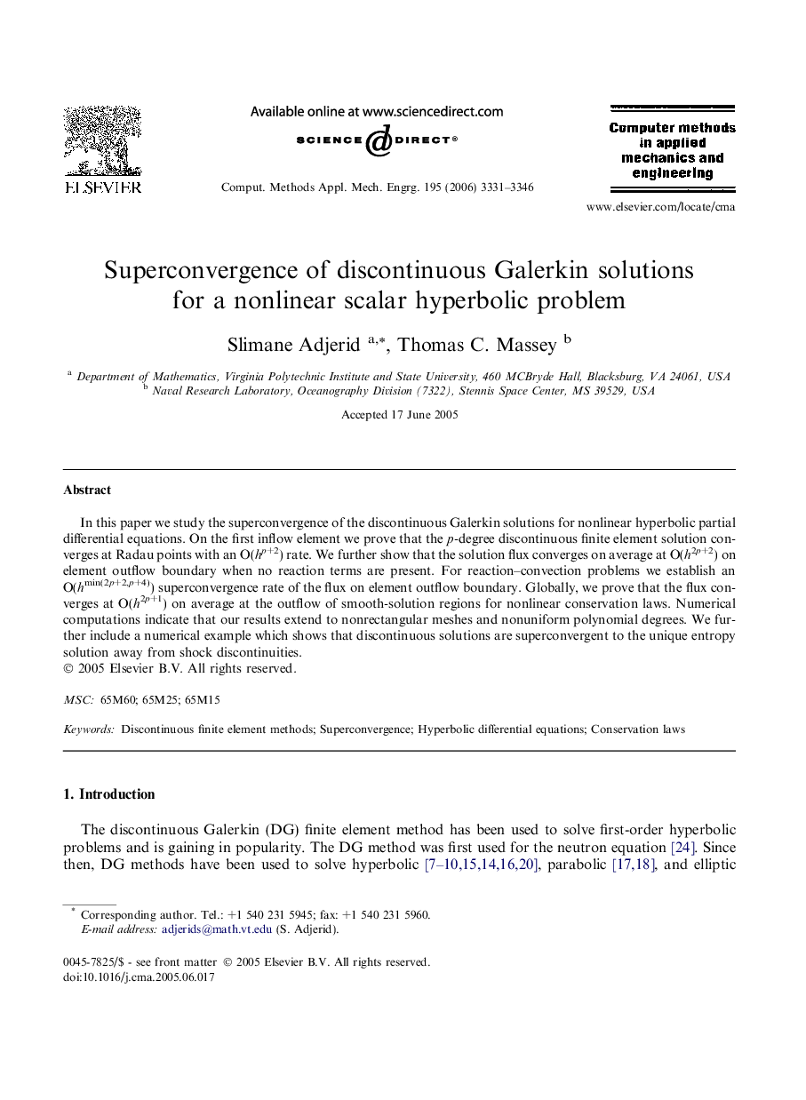 Superconvergence of discontinuous Galerkin solutions for a nonlinear scalar hyperbolic problem